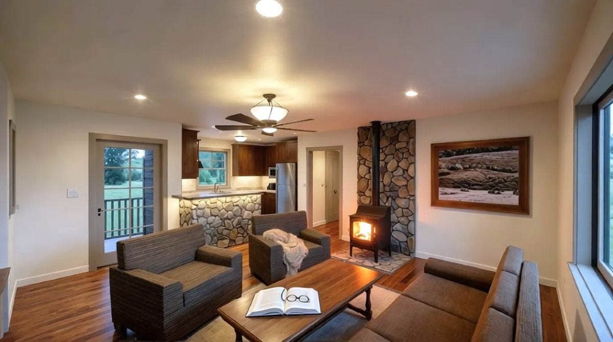 Interior view of an open-concept living area with a stone-clad fireplace, wood-paneled kitchen cabinets, and a glass door leading outside.