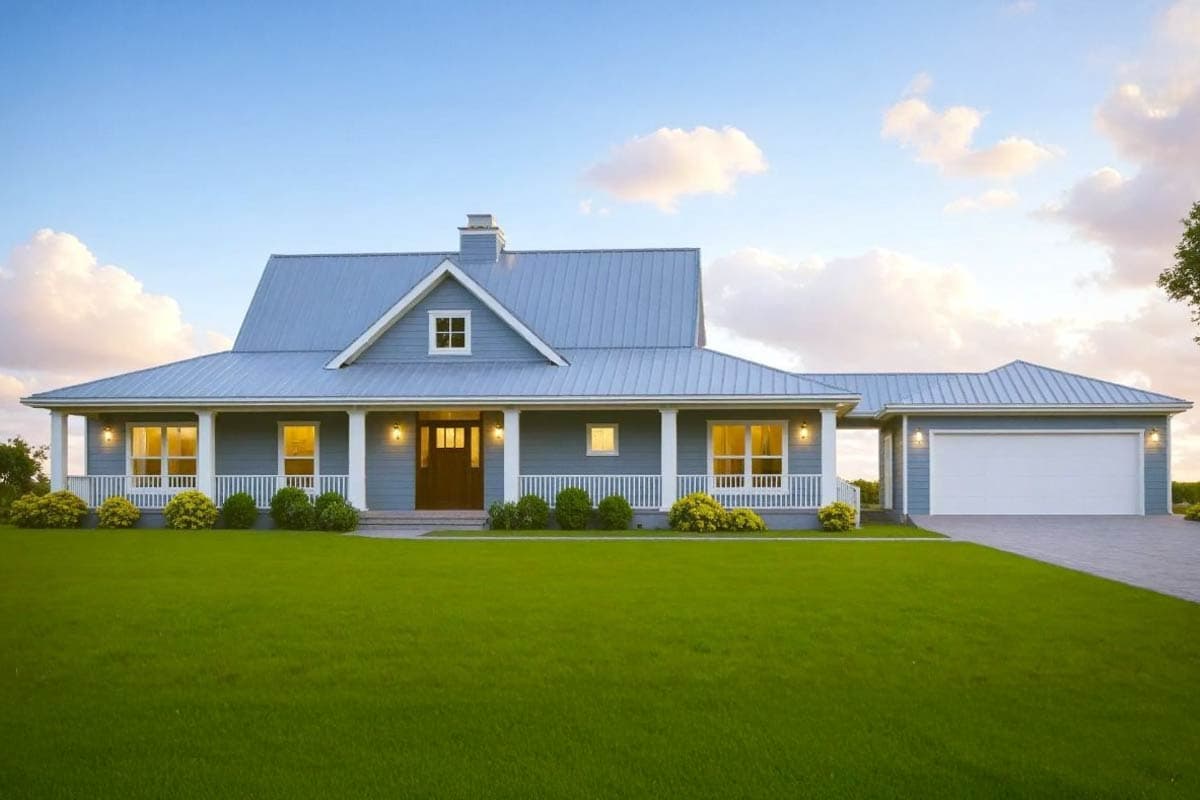 Modern Farmhouse house plan exterior with a wraparound porch, gables, and a side-entry garage.