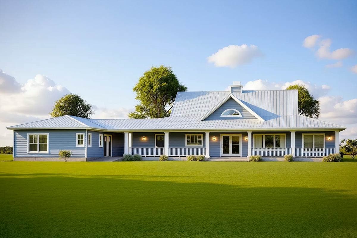 House plan exterior: Ranch-style with wrap-around porch, metal roof, gables, and arched dormer.
