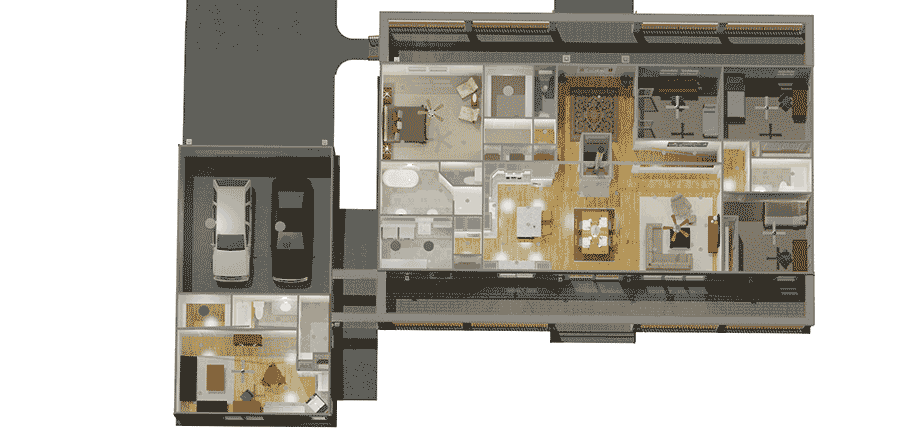 Plan 28907JJ: Flexible Country Farmhouse Plan with Detached Apartment - Floor Plan - Main Level - 3D View (rear view) - Country, Farmhouse, Modern Farmhouse, Ranch, Southern