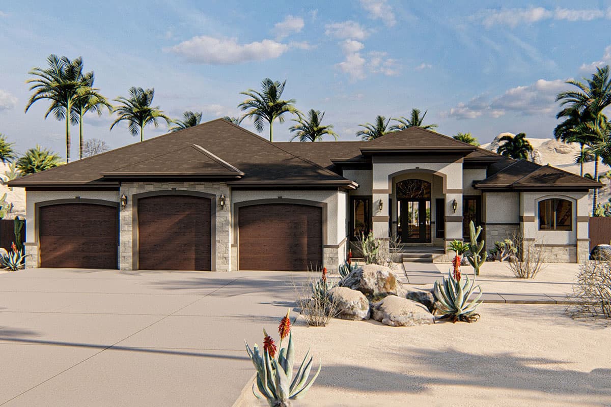 House plan exterior of a one-story Modern style home with a three-car garage, arched entry, and stone accents.