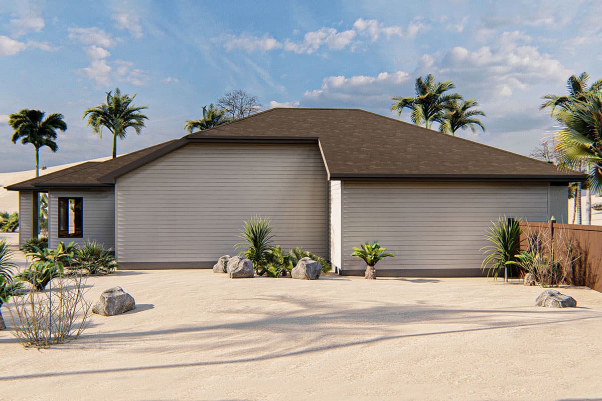 House plan exterior of a single-story home with horizontal siding, a prominent hip roof, and a detached garage.