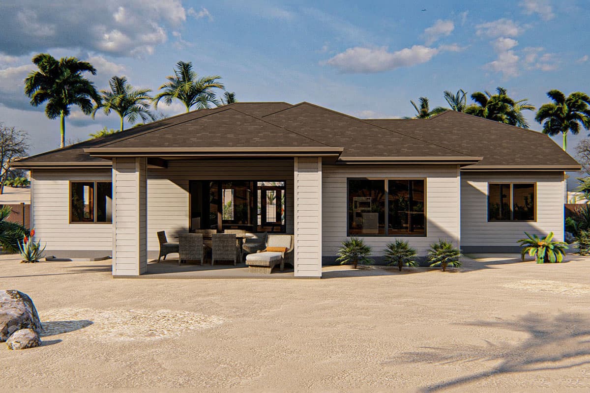 One-story house plan exterior with a covered patio, horizontal siding, and large windows. Modern style.