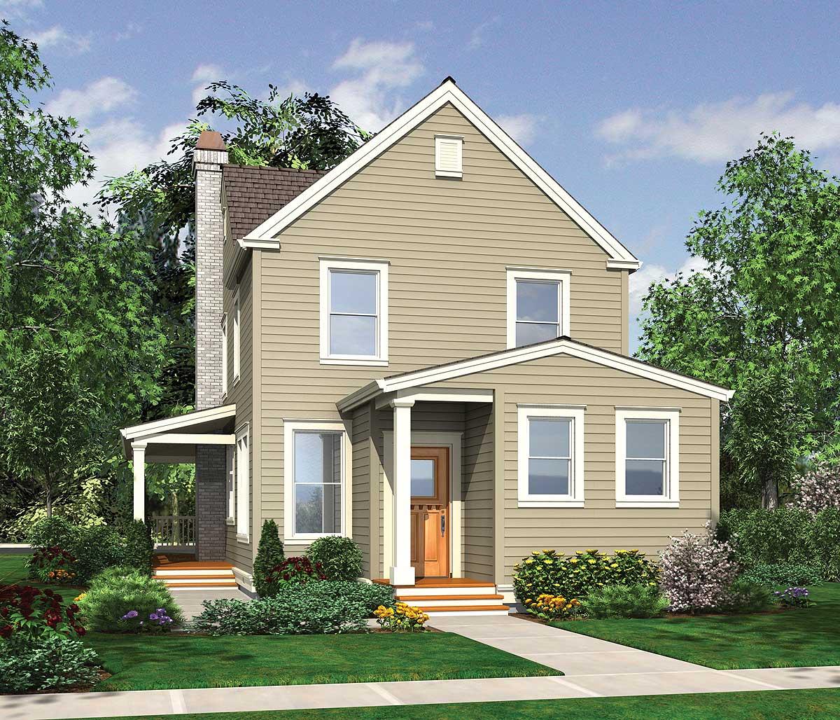 House plan exterior: two-story home with large brick chimney, gable roof, and covered front entry with porch.