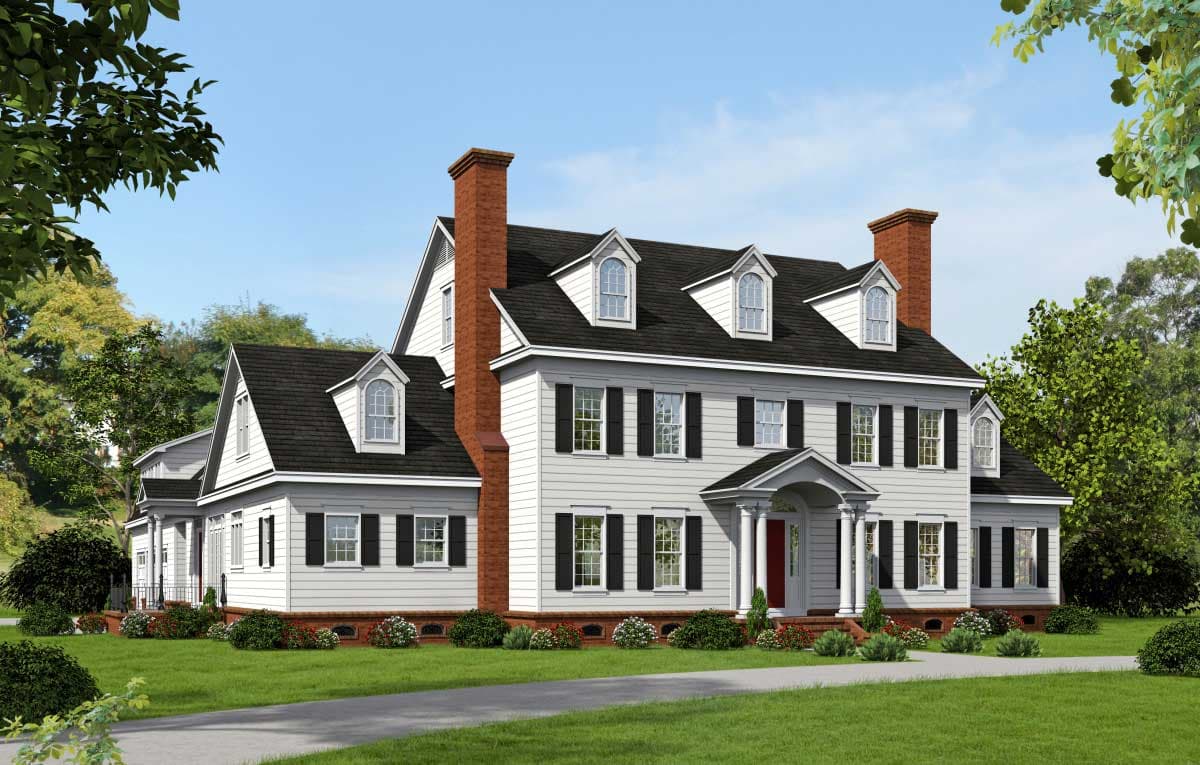 House plan exterior: Colonial style, two stories, symmetrical facade with central entry portico, dormer windows, and brick chimneys.