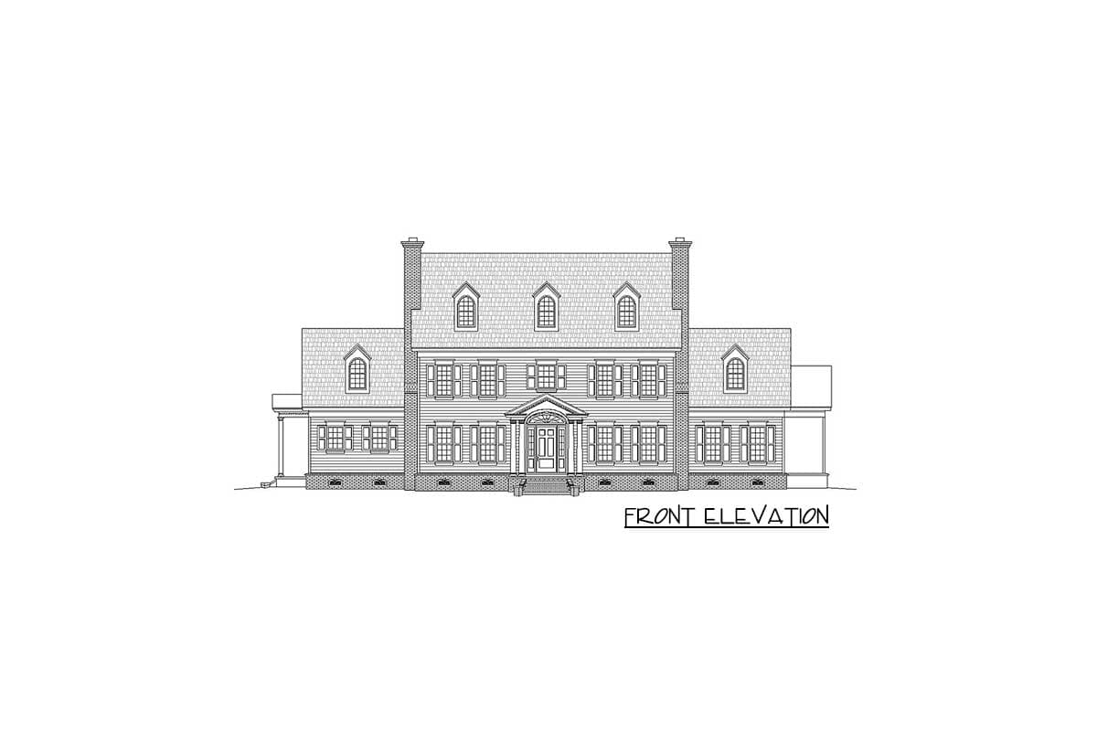 Front elevation drawing of a two-story house plan with dormers, shutters, and a central pedimented entrance.