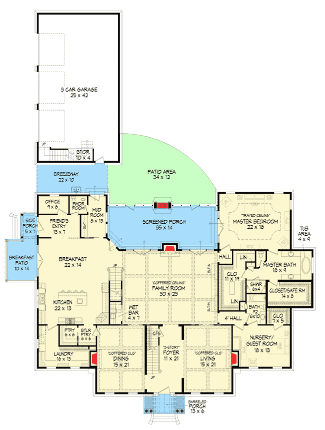Plan 68413VR: Spacious Colonial with Man-Cave - Floor Plan - Main Level - Colonial, Traditional