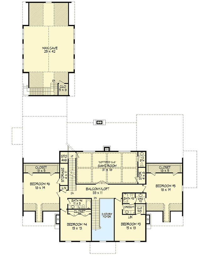 Plan 68413VR: Spacious Colonial with Man-Cave - Floor Plan - 2nd Floor - Colonial, Traditional