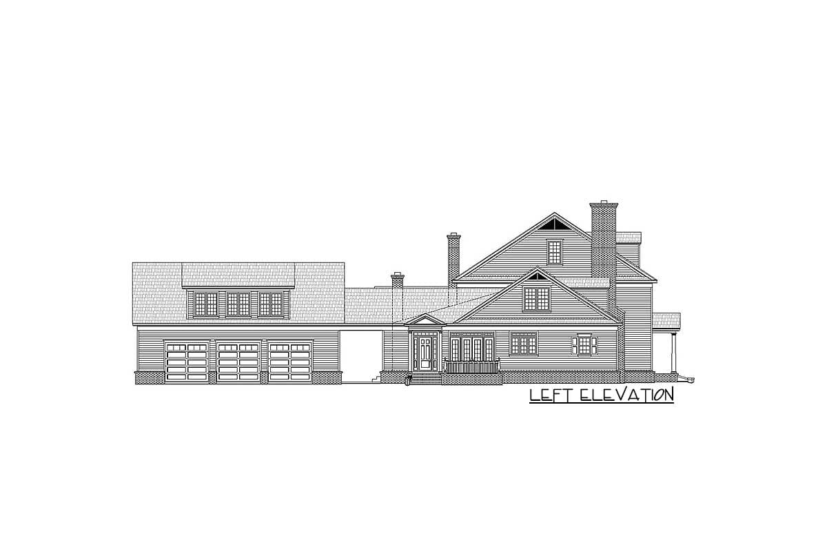 Left elevation drawing of a house plan featuring a prominent gable roof, multiple chimneys, and a four-car garage.
