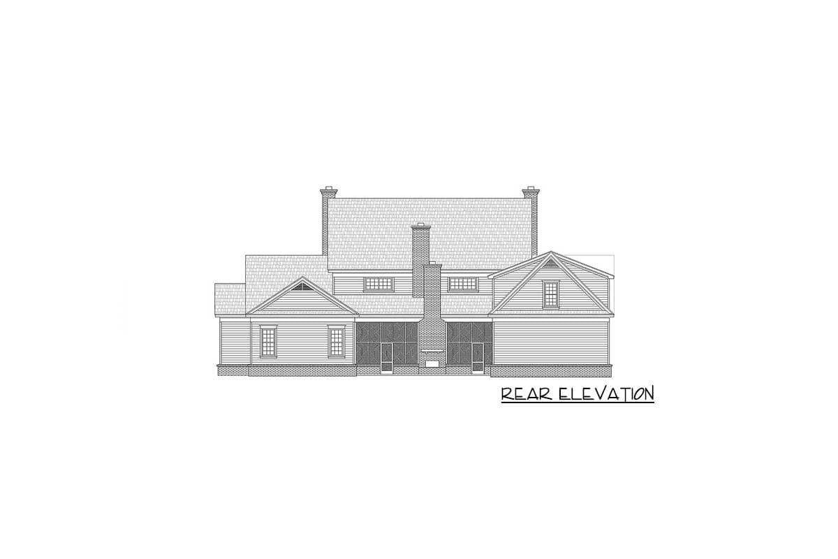 Rear elevation drawing of a house plan featuring gables, dormers, twin chimneys, and covered porches.