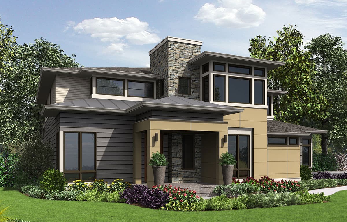Modern house plan exterior featuring geometric rooflines, stacked stone chimney, and a covered entryway with stone accents.