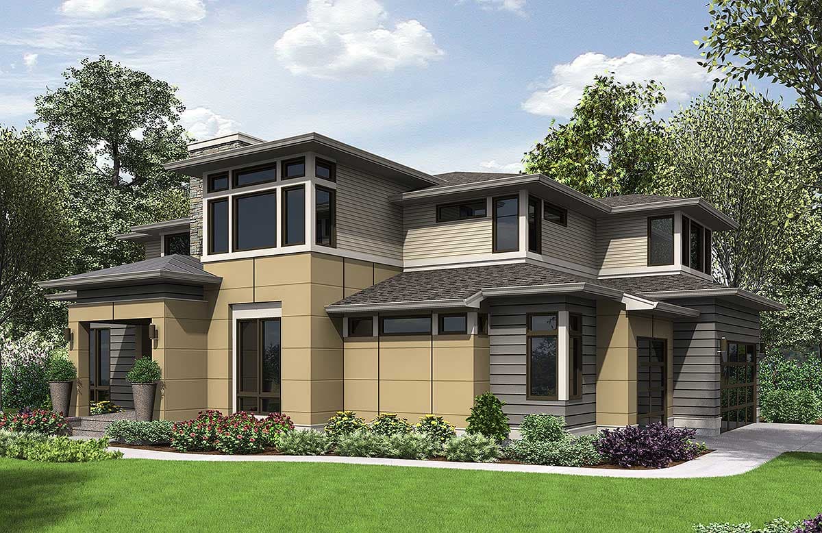Modern style house plan exterior with a two-story design, large windows, siding, and a covered entryway.