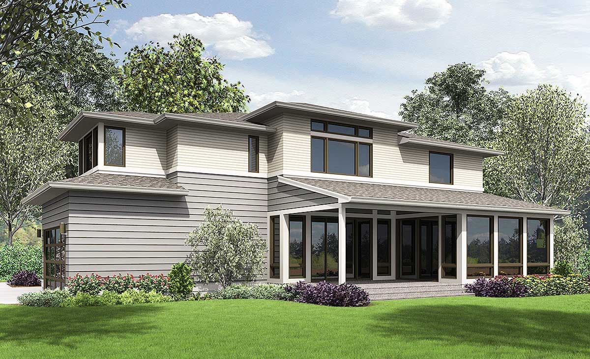 Modern house plan exterior with horizontal siding, large windows, a covered porch, and a two-car garage.