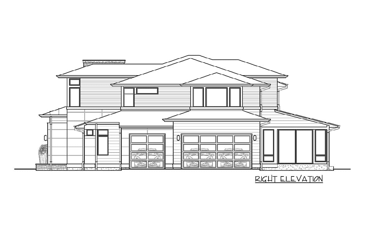 Right elevation of a two-story house plan with horizontal siding, multiple gables, a three-car garage, and large windows.