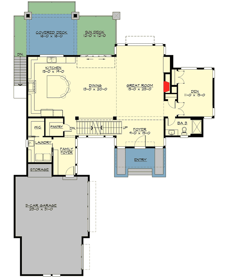 Plan 23632JD: Modern House Plan with Glass and Stone for a Rear Sloping Lot - Floor Plan - First Floor - Modern, Northwest