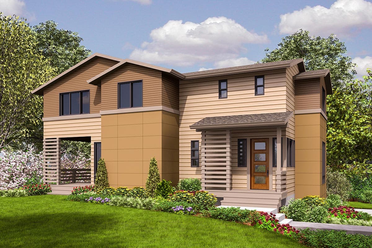 Two-story house plan exterior with multiple gables, a covered front porch with slatted railings, and horizontal siding.