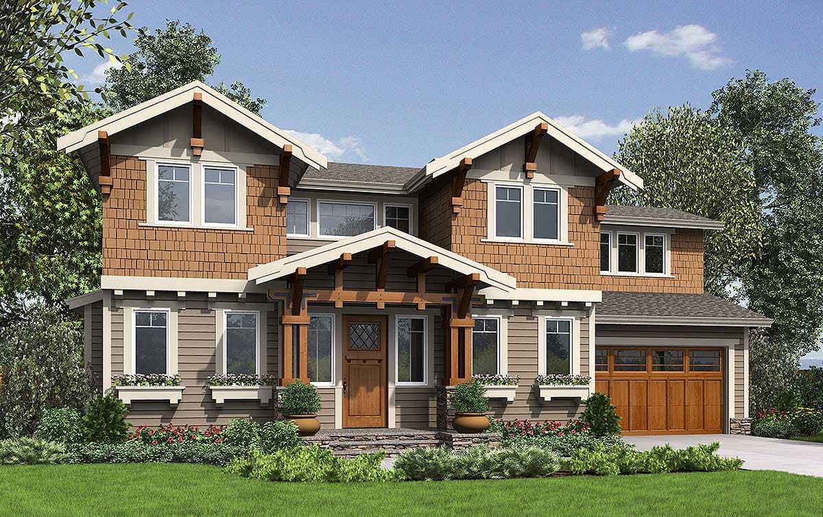 House plan exterior: Two-story Craftsman home with shingle siding, exposed rafter tails, deep eaves, and a prominent covered entry.