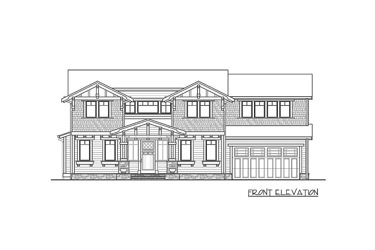 Front elevation drawing of a two-story house with a covered entry porch, multiple gables, shingle siding, and a two-car garage.
