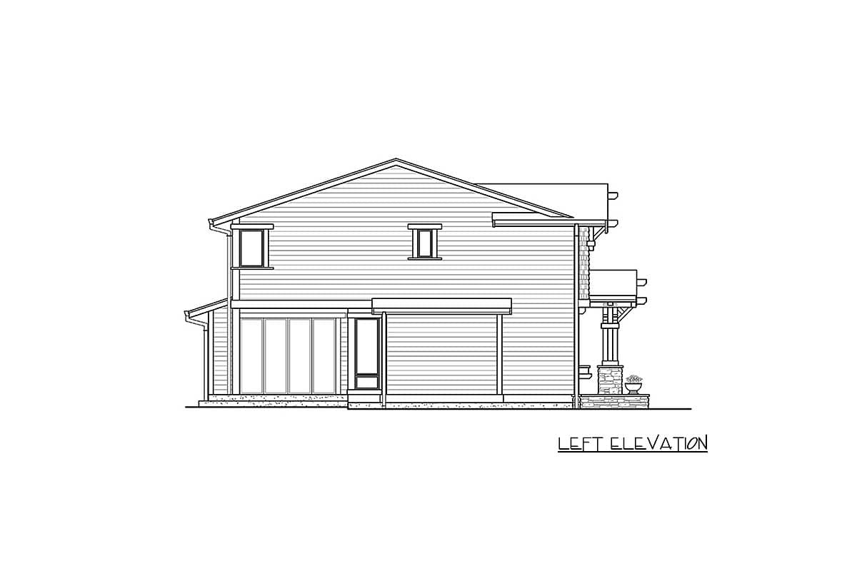 Left elevation house plan: two stories, siding, gabled roof, large folding doors, covered porch with stone columns.