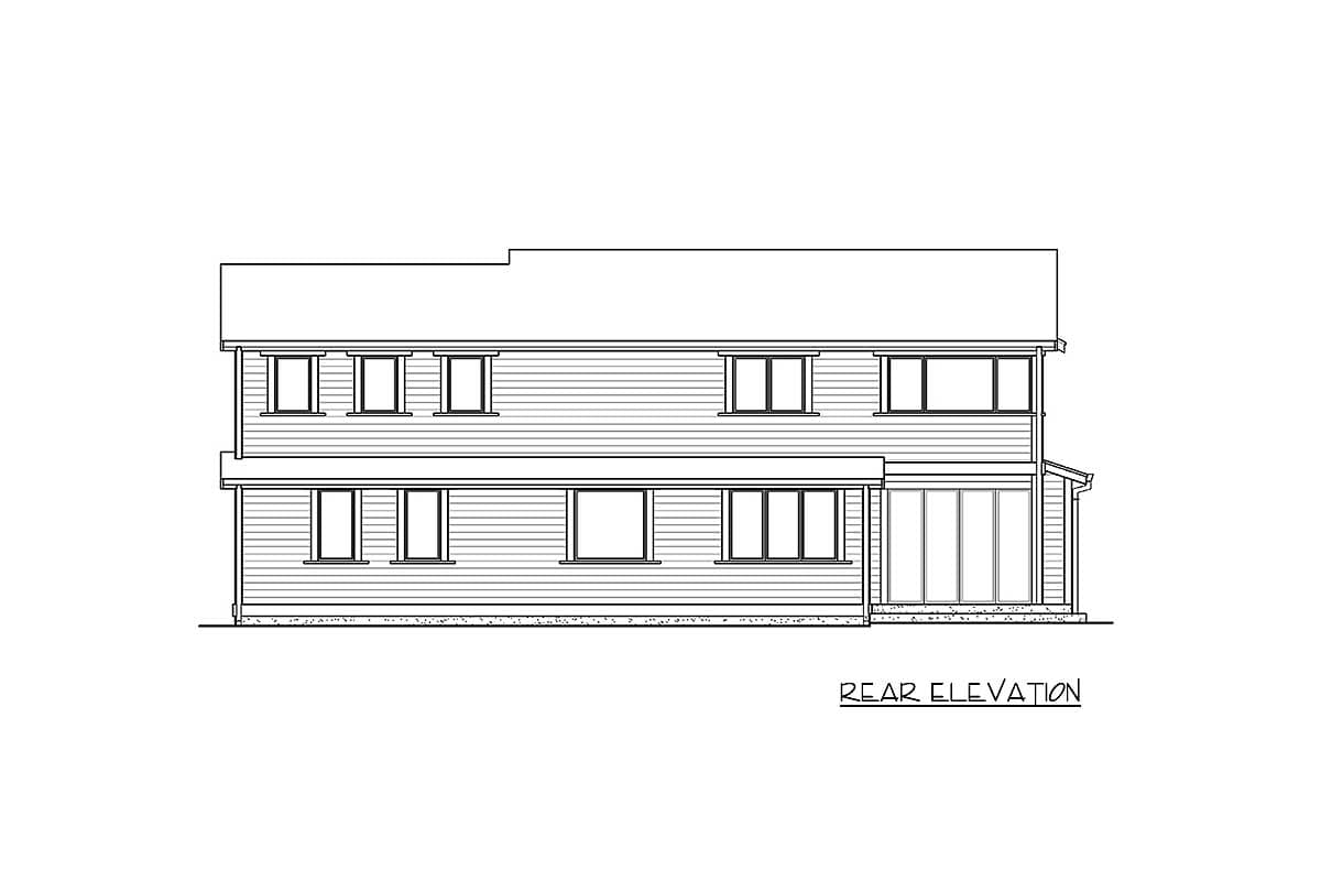Rear elevation of a two-story house plan with horizontal siding, multiple windows, and a glass door section.