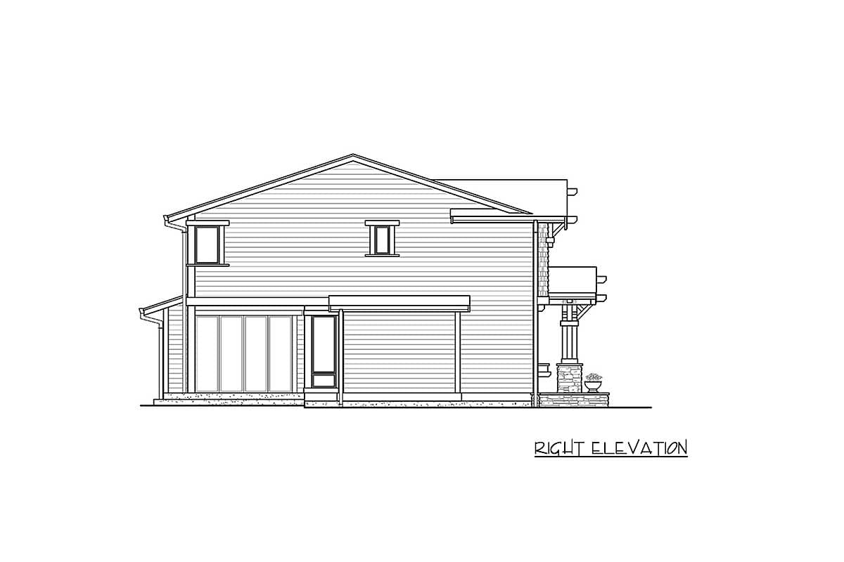Right elevation of a two-story house plan with horizontal siding, large folding doors, and a covered porch with stone columns.