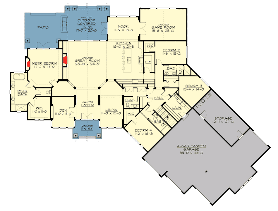 Plan 23637JD: Richly Detailed Craftsman House Plan with Angled 3-Car Garage - Floor Plan - Main Level - Craftsman, Mountain, New American, Rustic