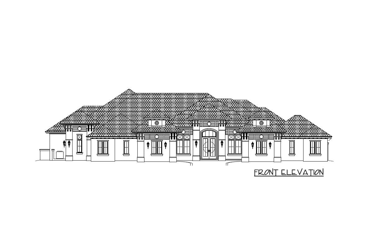 Front elevation of a large, detailed house. It features a textured roof, symmetrical design, multiple windows, and a prominent front entrance.