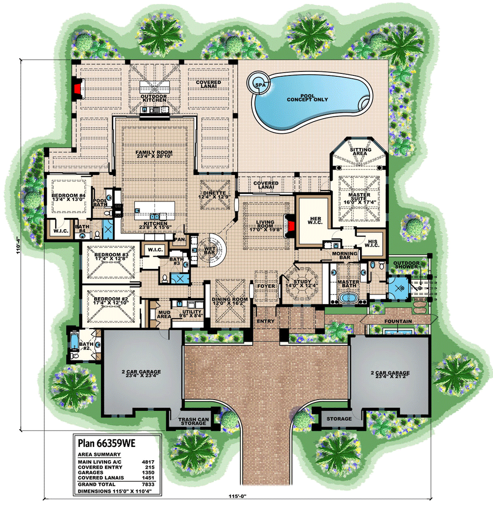Plan 66359WE: Super-Luxurious Mediterranean House Plan - 4817 Sq Ft - Floor Plan - Main Level - Coastal, Coastal Contemporary, European, Florida-Style, Mediterranean, Transitional