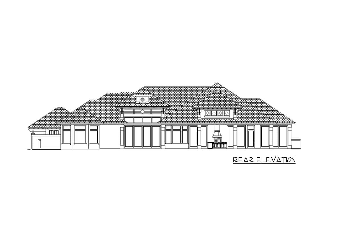 Rear elevation architectural drawing of a house, featuring a tiled roof and multiple windows. Text reads 'REAR ELEVATION'.
