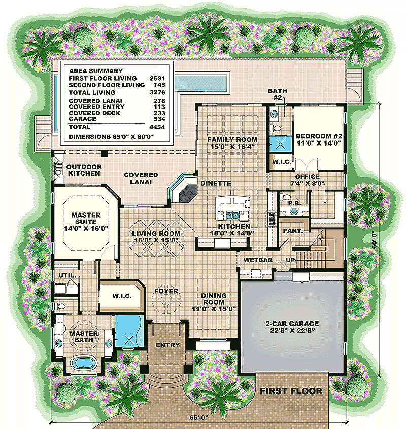 Plan 66360WE: Two-Story Mediterranean House Plan - Floor Plan - Main Level - Florida-Style, Mediterranean