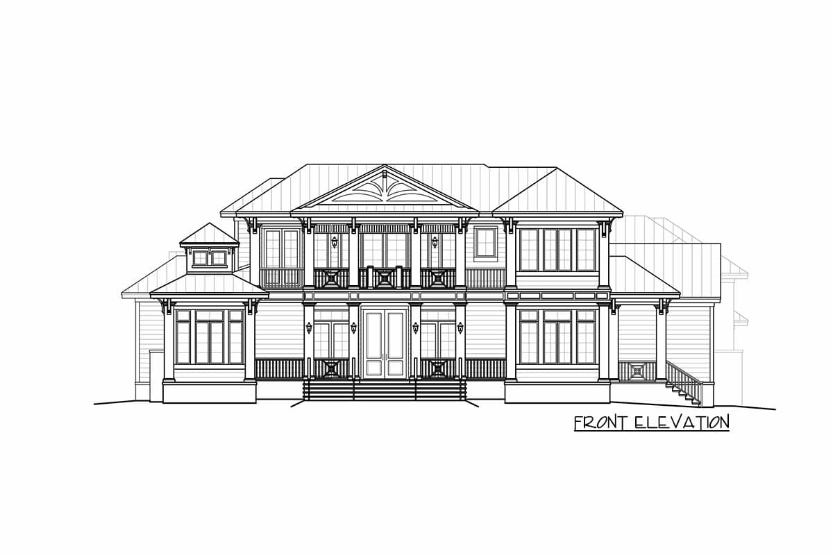 Front elevation house plan with a wrap-around porch, multiple gables, and a two-story central section.