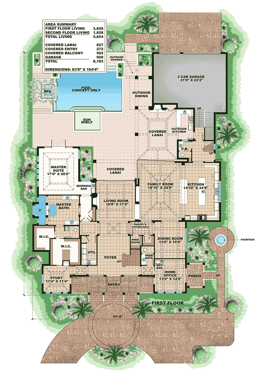 Plan 66361WE: Luxurious Southern Traditional House Plan - 5654 Sq Ft - Floor Plan - Main Level - Florida-Style, Southern, Southern Traditional