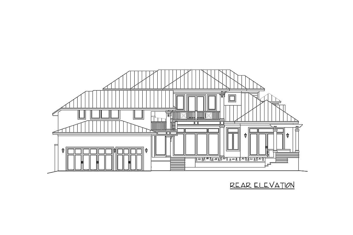 Rear elevation drawing of a house plan showing a six-car garage, multiple gables, balconies, and a prominent roofline.