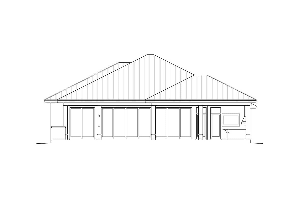 Rear elevation drawing of a single-story house plan featuring a low-pitched hip roof, multiple sliding glass doors, and a covered outdoor living area.