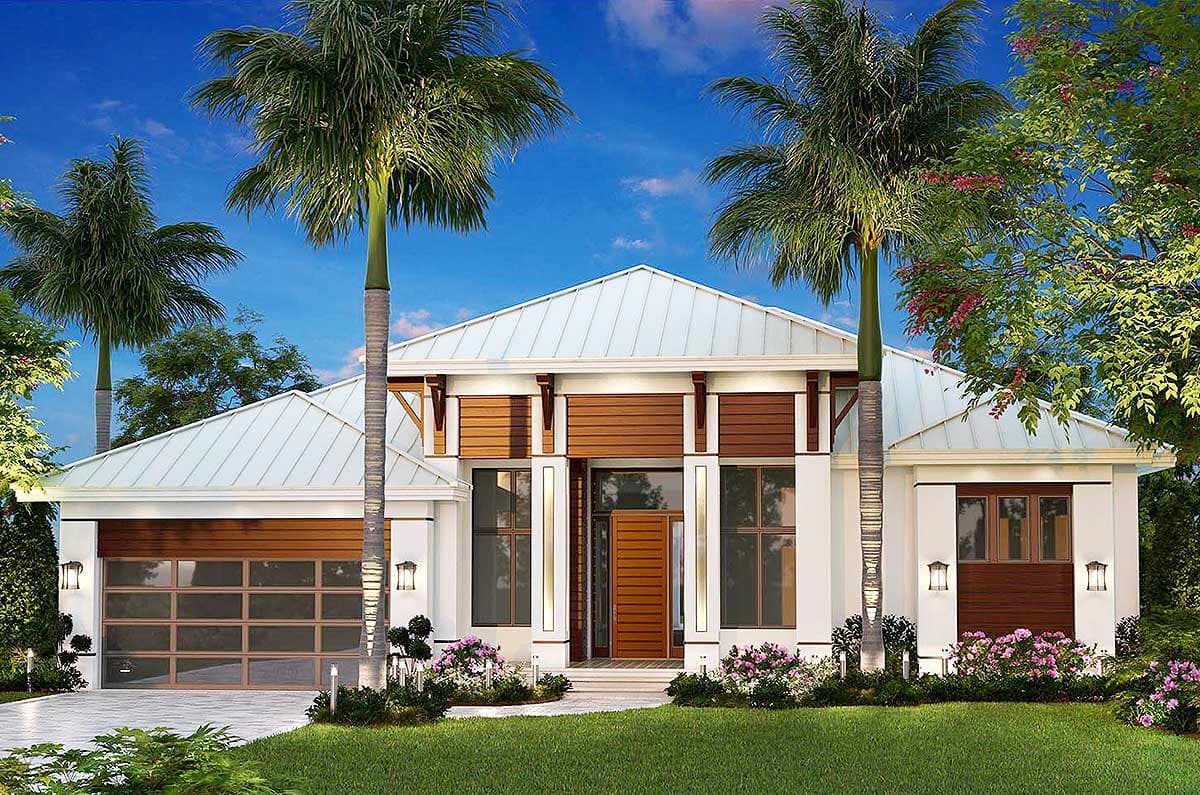 House plan exterior with modern design, single-story, metal roof, wood accents, and attached garage. Palm trees frame the front view.