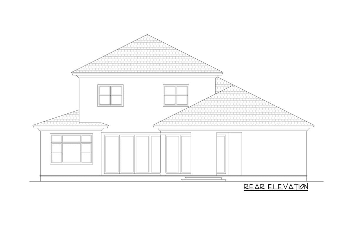 Rear elevation house plan showing a two-story structure with a pitched roof, multiple windows, and a set of sliding glass doors.
