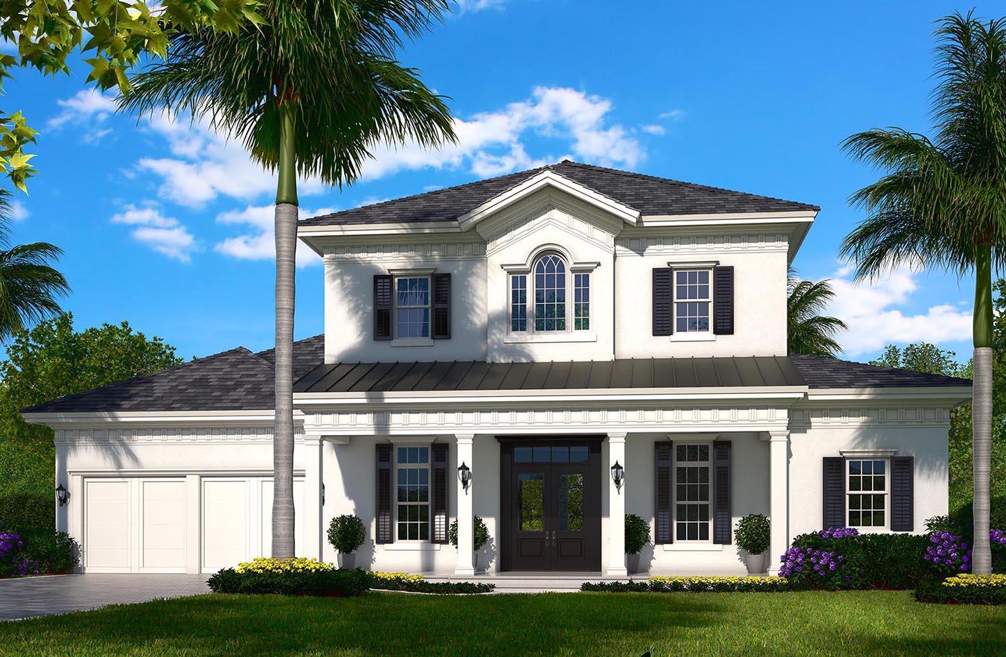 House plan exterior: two-story white stucco home with a covered front porch, double garage, arched upper window, and black shutters.