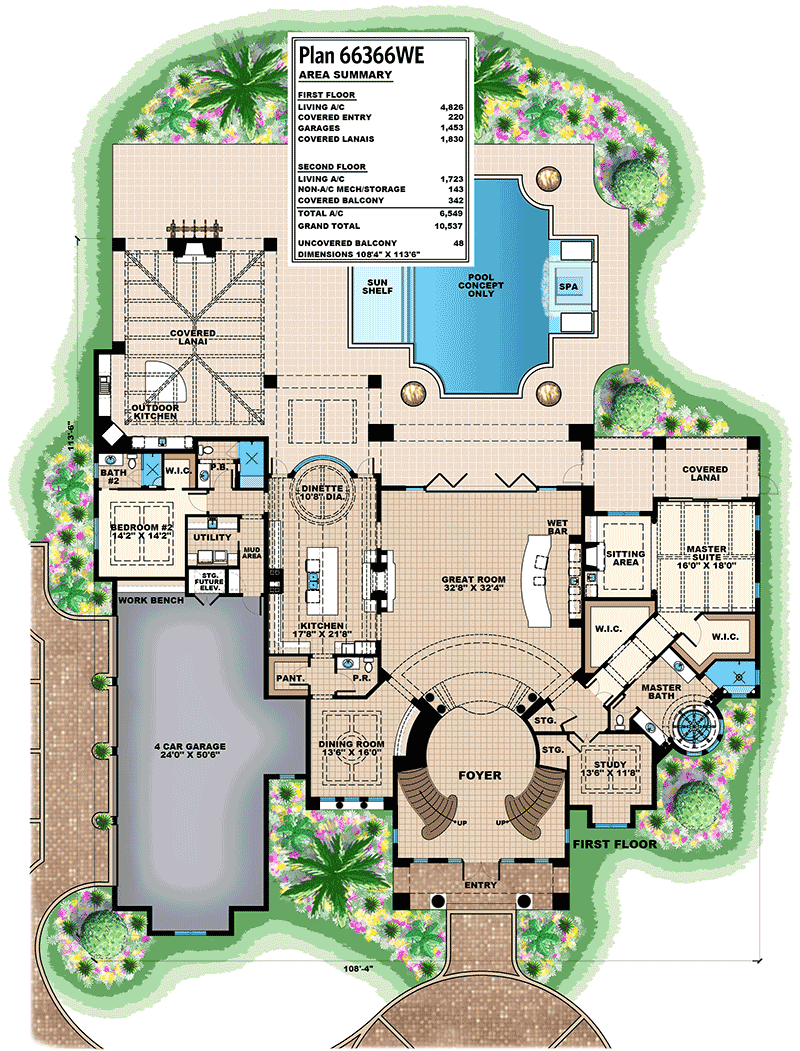 Plan 66366WE: Sensational Florida House Plan with Grand Double Staircases - Floor Plan - Main Level - Florida-Style, Mediterranean, Southern