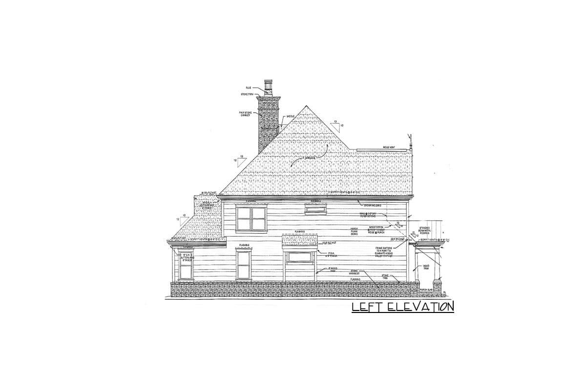 Left elevation drawing of a two-story house with a gable roof, dormers, and a stone chimney.