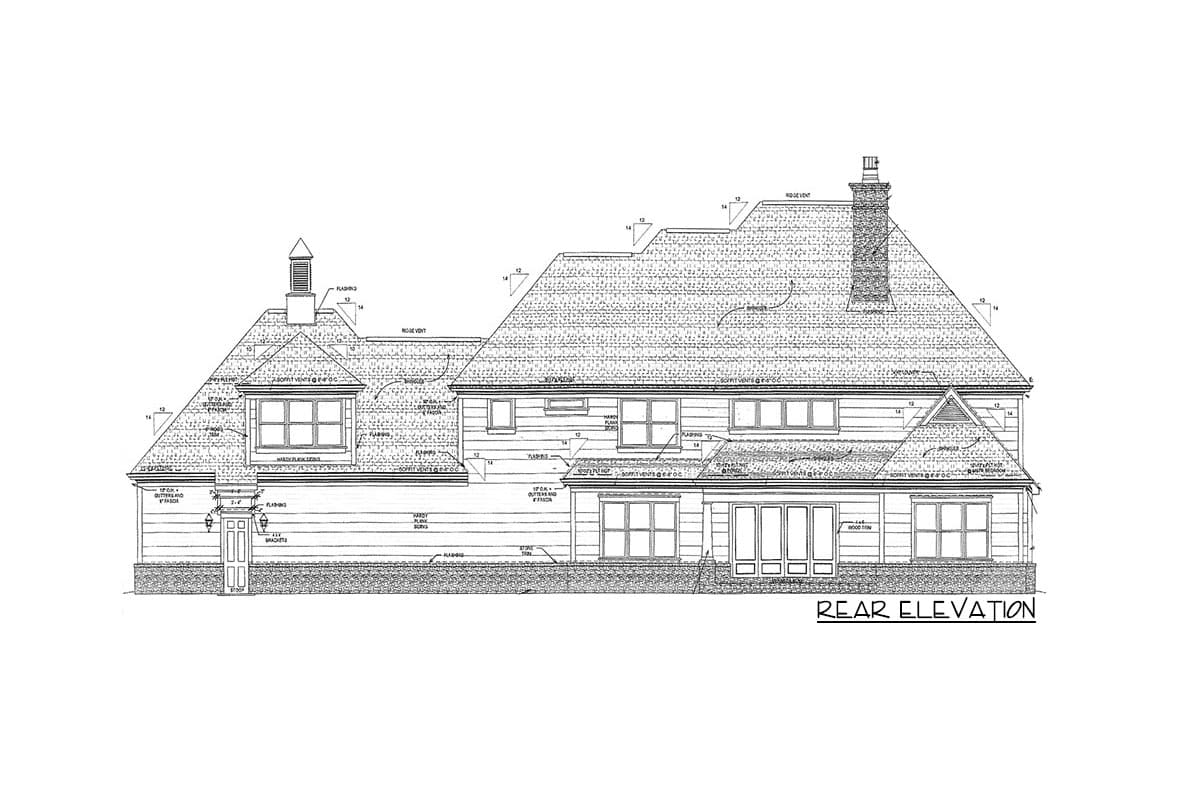 Rear elevation drawing of a house plan showing multiple gables, dormers, a prominent chimney, and various window configurations.