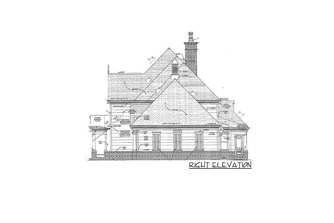 Right elevation house plan drawing showing steeply pitched rooflines, gables, dormers, and a prominent chimney.