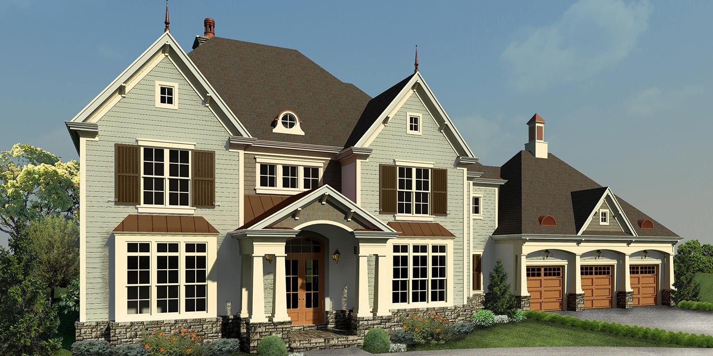 House plan exterior: Two-story home with stone accents, prominent gables, dormers, arched entry, and a three-car garage.