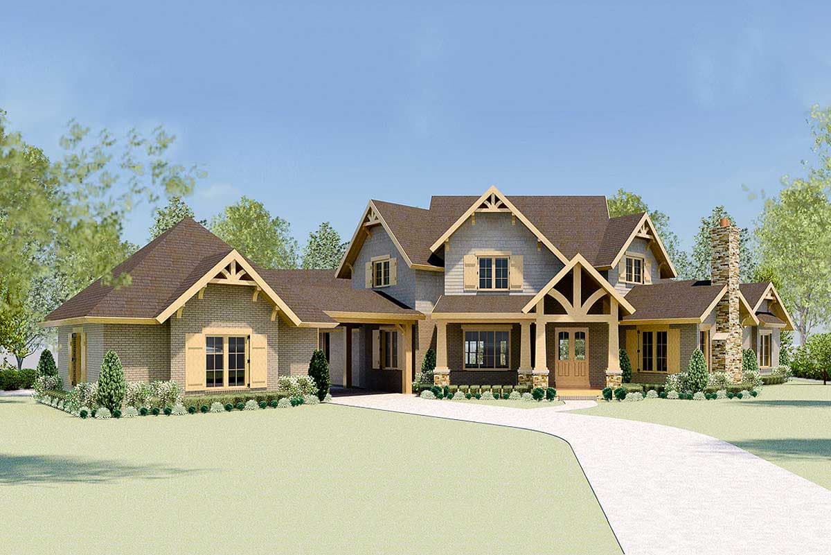 House plan exterior: Two-story home with gabled dormers, exposed rafter tails, stone chimney, and covered front entry.