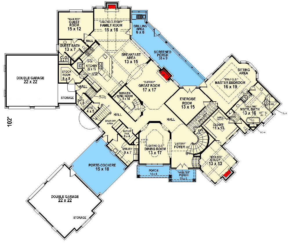 Plan 58573SV: Luxury Mountain Home Plan With Home Theater And Two Staircases - Floor Plan - Main Level - Craftsman, Mountain, Rustic, Vacation