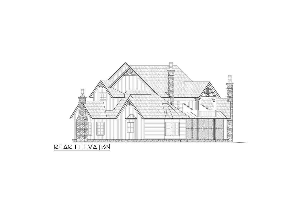 Rear elevation house plan with multiple gables, stone chimneys, dormers, and a covered balcony.