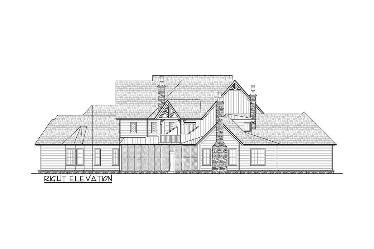 Right elevation of a house plan featuring multiple gables, stone chimneys, and a covered balcony.