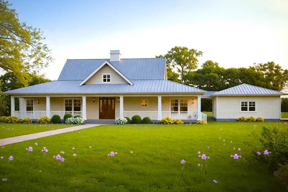 House plan exterior. Farmhouse style with a single story, front porch, gable roof, and detached garage with matching roof and siding.