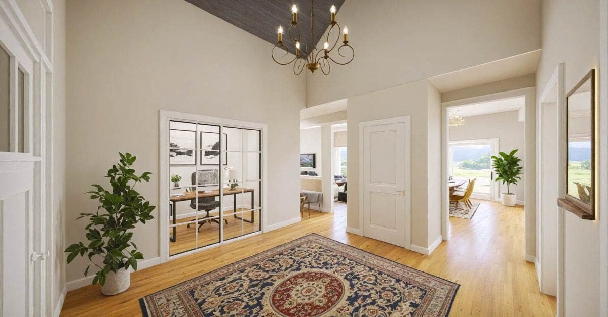 Interior rendering of a house entry with vaulted ceiling, chandelier, glass-paneled office, and view into dining area.