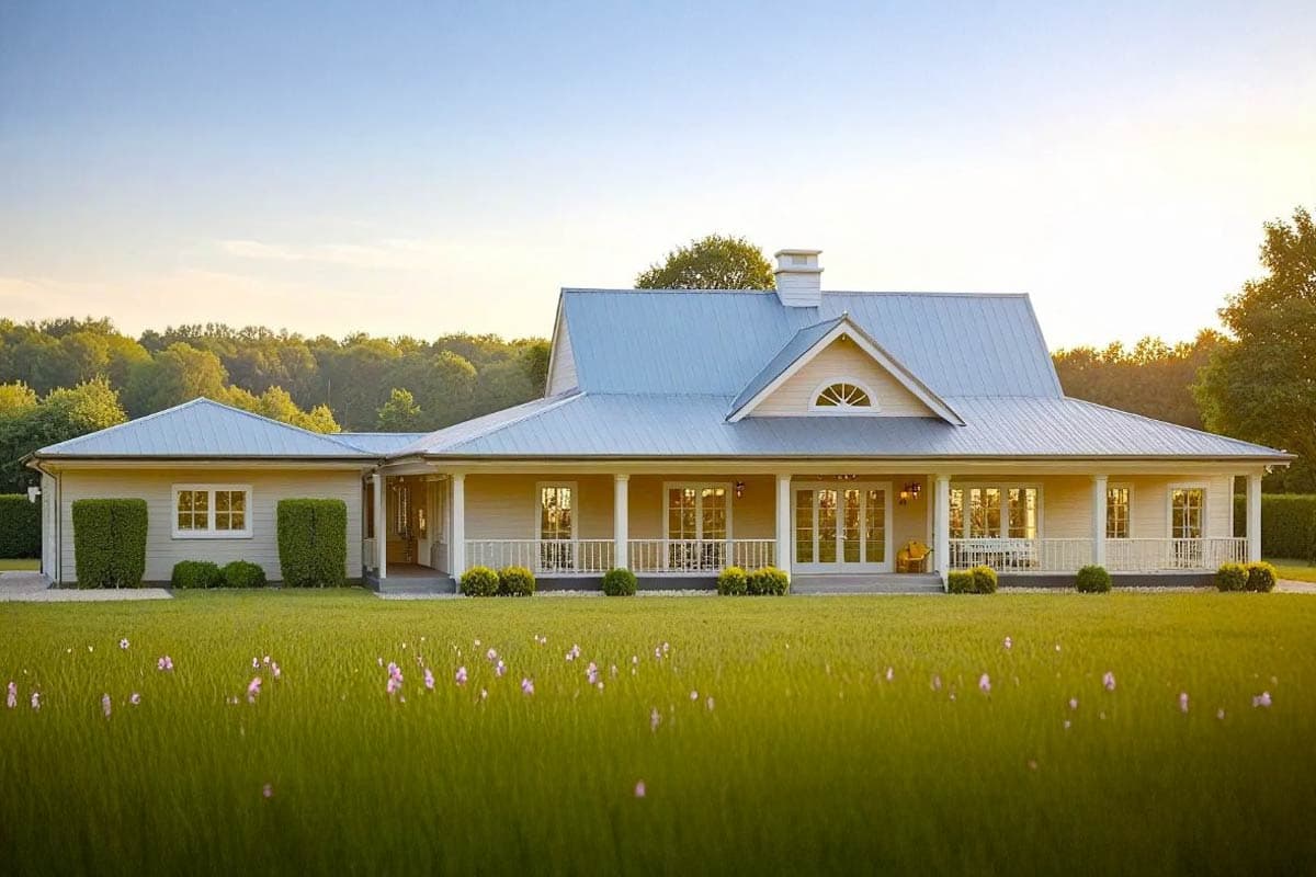 Modern farmhouse house plan exterior with wraparound porch, gables, and metal roof.
