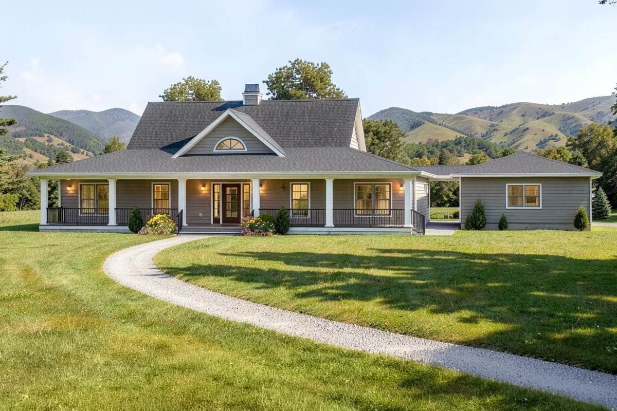 A large, modern farmhouse with a wraparound porch, a curved pathway leading to the front door, and a green lawn, surrounded by trees.